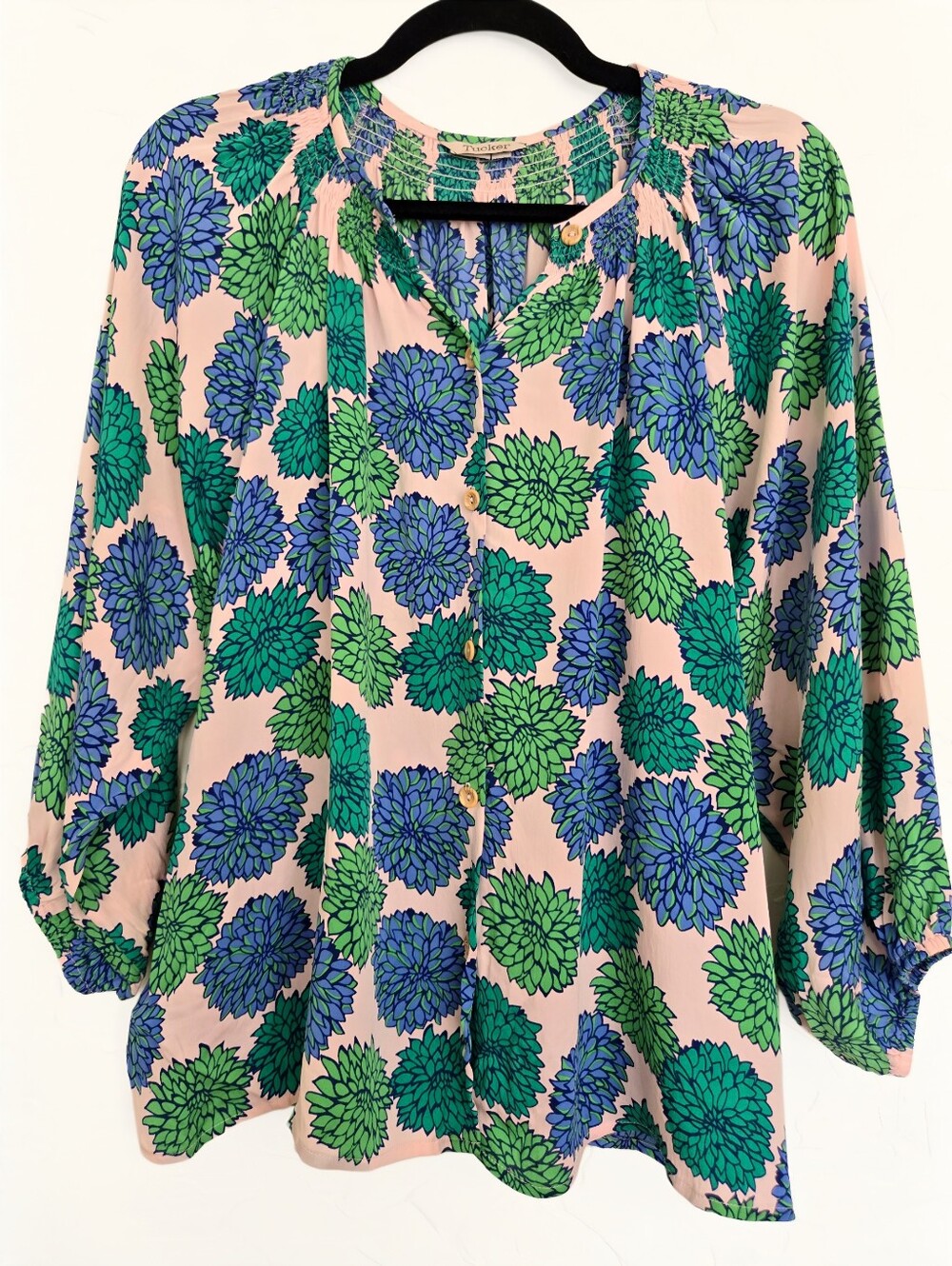 Tucker Silk Light Pink Blue Green Button Up Top, M